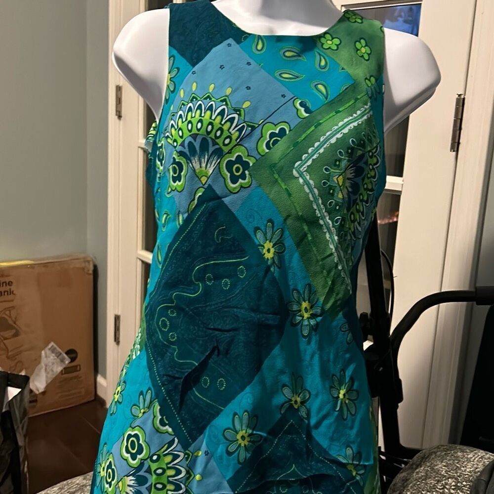 Vintage 1990s 90s Turquoise and Blue Print Dress by Anbabauro. Size 6